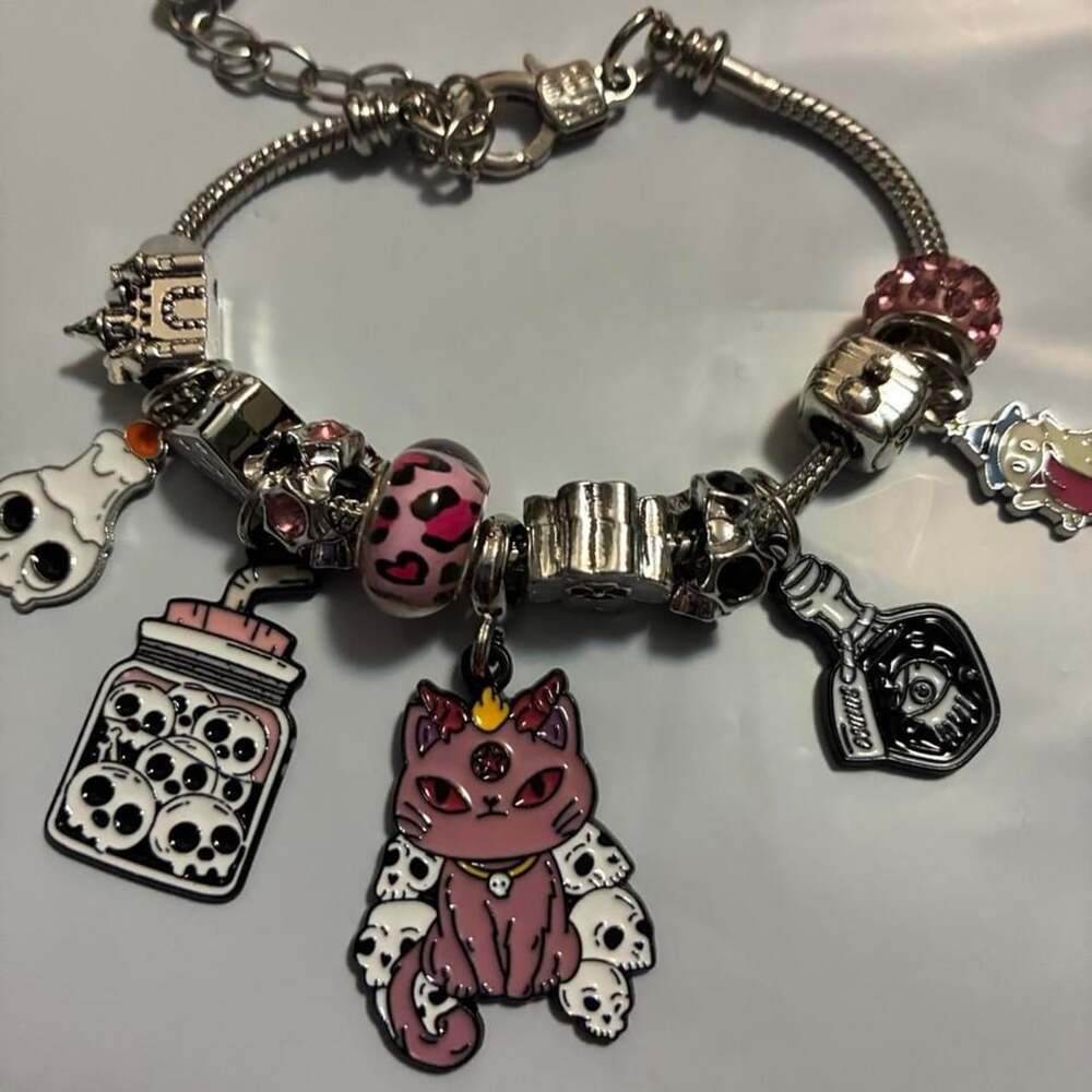 Goth Alternative Halloween Three-Eyed Cat Skull Silver Charm Bracelet